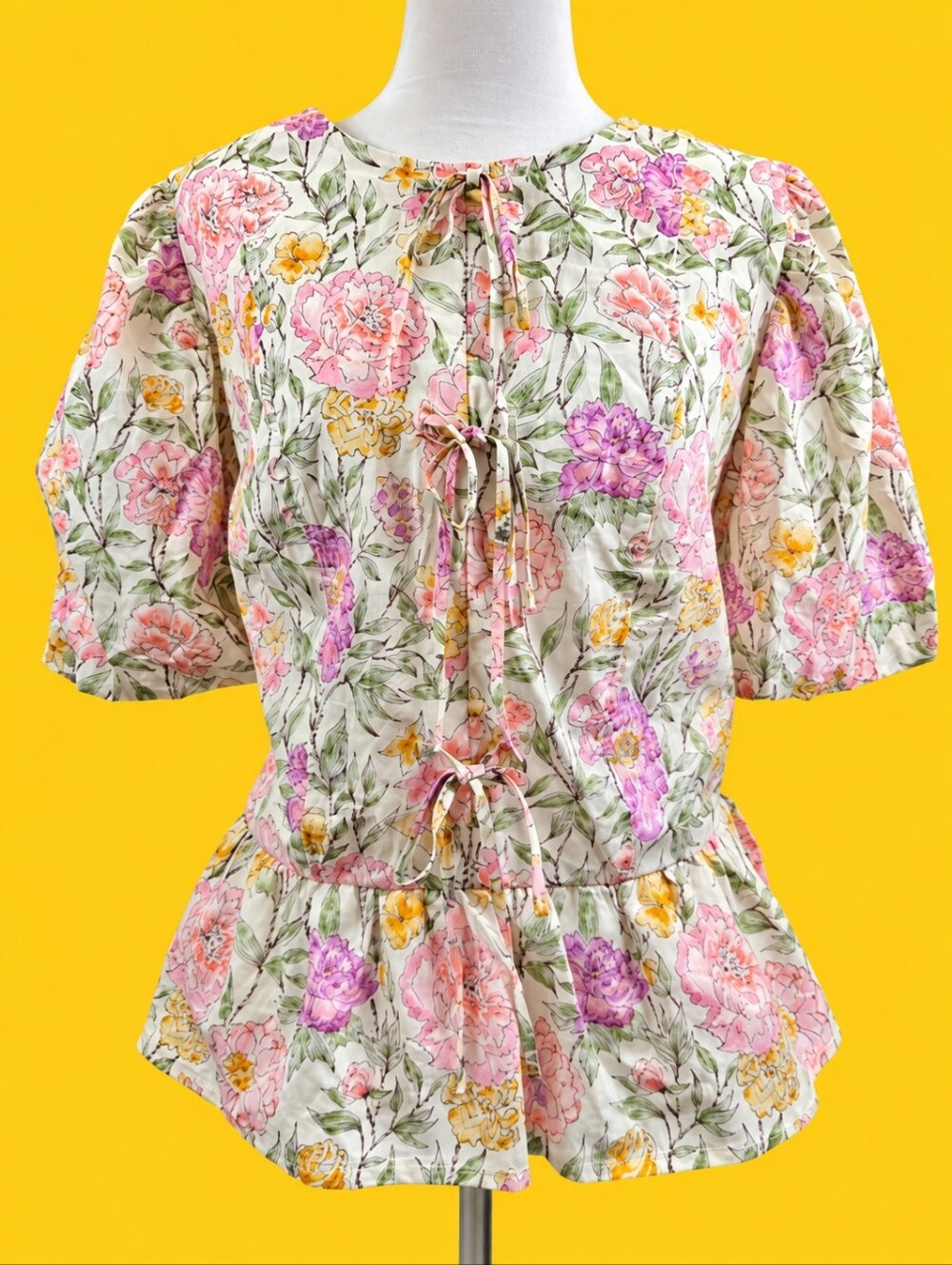 Large Floral Tie-Front Puff Sleeve Top - Cream Pink
